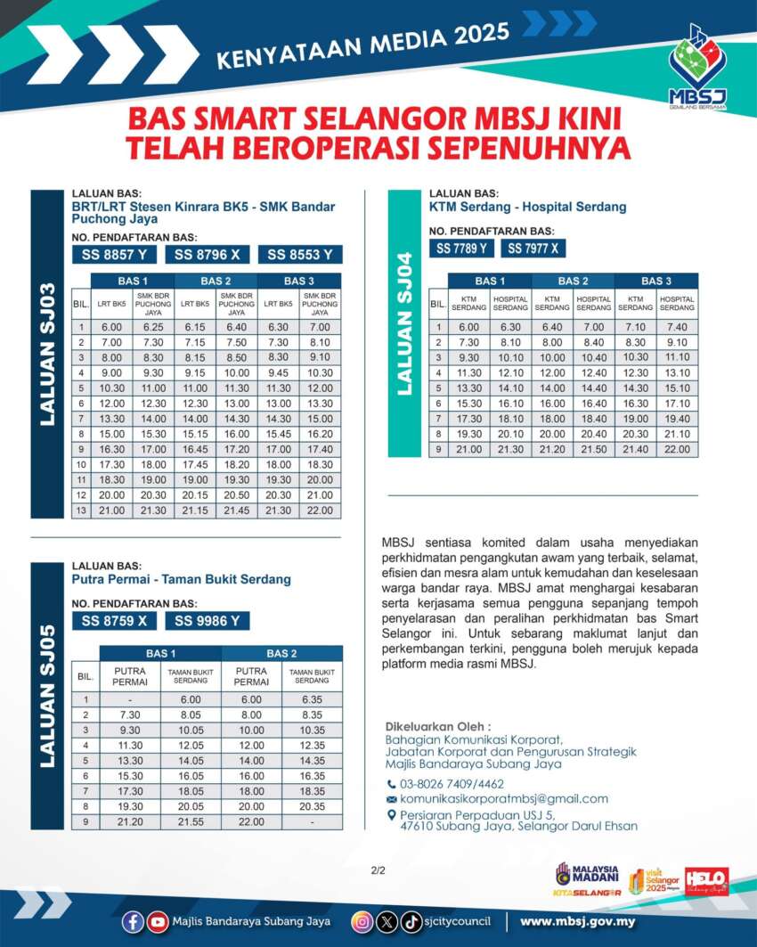 Perkhidmatan bas Smart Selangor di Subang Jaya kembali beroperasi sepenuhnya bagi lima laluan 1931259