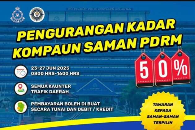 Polis bakal beri 50% diskaun saman trafik terpilih pada 23-27 Jun di semua kaunter trafik daerah di Kelantan