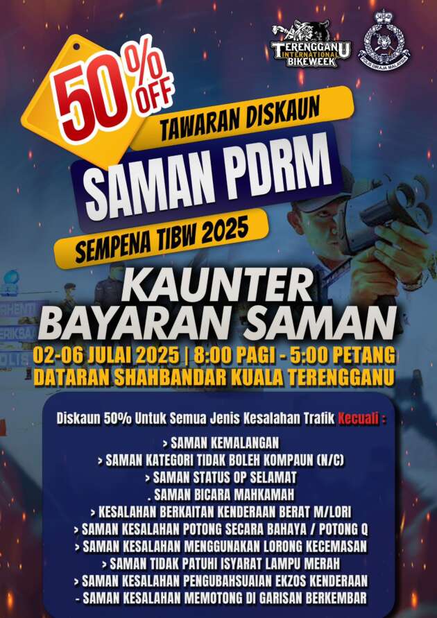 Polis beri 50% diskaun saman pada 2-6 Julai sempena Terengganu Bike Week di Dataran Shah Bandar, KT
