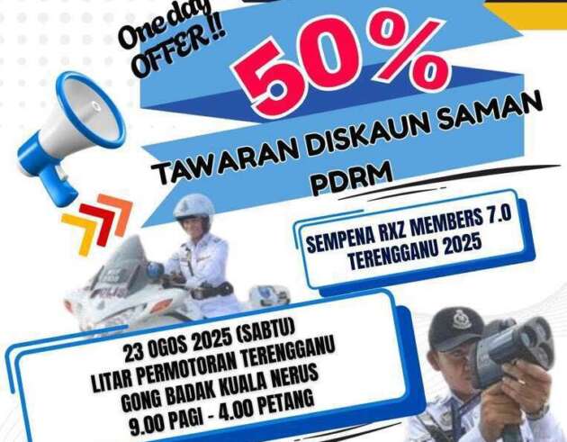 Polis tawar 50% diskaun saman di Litar Permotoran Terengganu pada 23 Ogos sempena RXZ Members 7.0