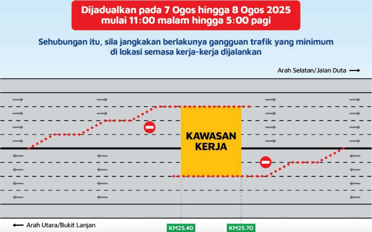 Lane closures on NKVE – Aug 7, 11pm-5am Jln Duta to Bukit Lanjan for advertising gantry installation works