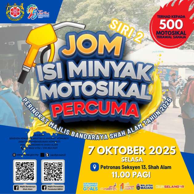 MBSA belanja minyak bagi 500 motosikal pada 7 Okt di Petronas Seksyen 13, parkir percuma pada 10 Okt