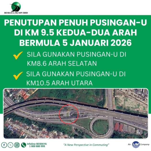 Lebuhraya Sungai Besi laksana penutupan penuh pusingan-U di KM9.5 mulai hari ini selama 6 bulan