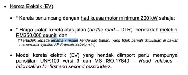 MITI issues new rules for CBU EVs, effective min price RM300k, 245 PS fr July – promote CKD, protect Proton