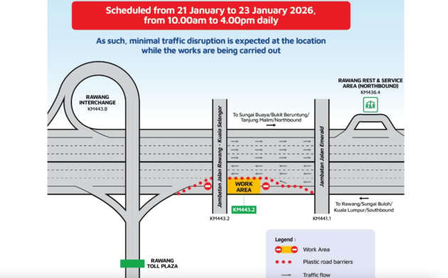 PLUS North-South Expressway lane closures between Rawang and Sungai Buaya until Jan 23, 10am to 4pm