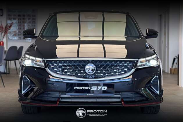 2026 Proton S70 MC1 shown – i-GT 4-cyl, new headlights and wheels, bodykit with red lines, Giti tyres
