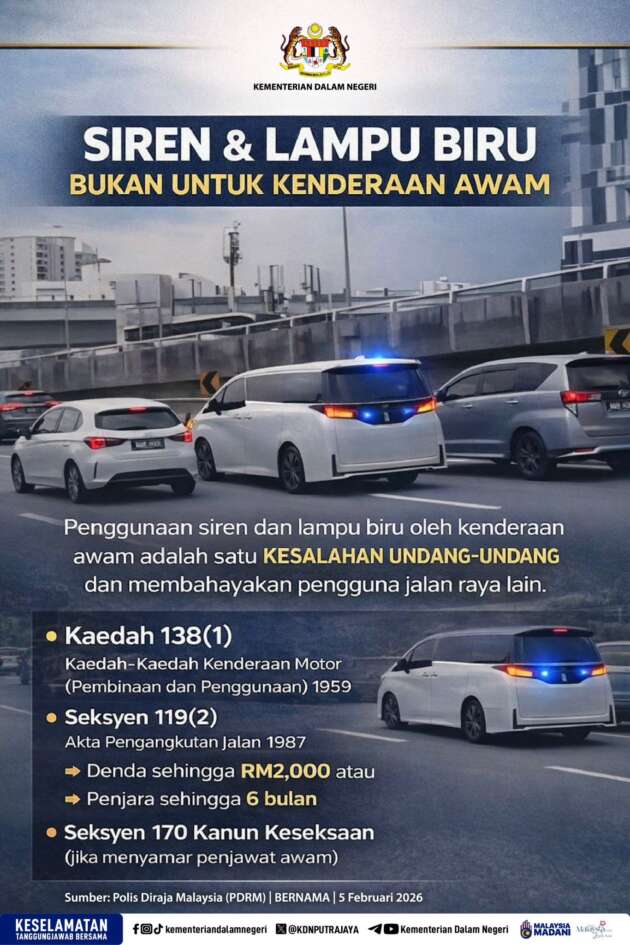 KDN keluarkan peringatan berkenaan penggunaan siren dan lampu biru untuk kenderaan persendirian