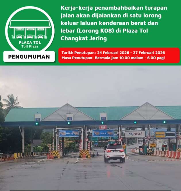 Kerja turapan jalan di lorong keluar kenderaan berat di Plaza Tol Changkat Jering, 24-27 Feb, 10 malam-6 pagi
