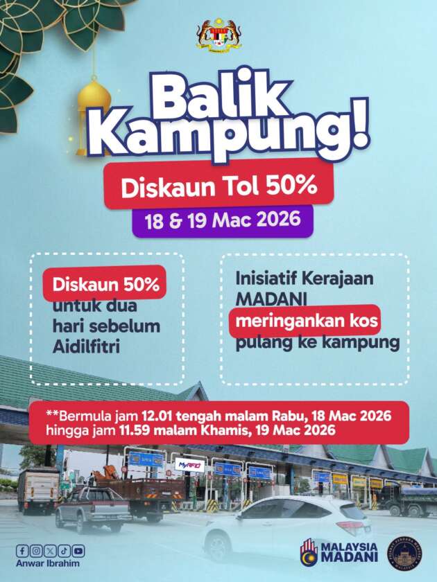 Diskaun tol 50% sempena Aidilfitri; kecuali di plaza tol BSI, Tg Kupang, 18-19 Mac – kos pampasan RM21.03j