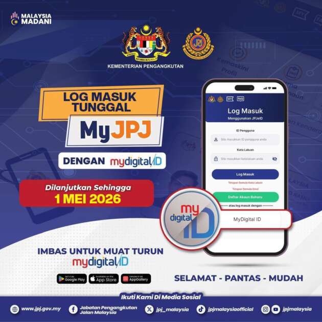 MyDigital ID sebagai kaedah log masuk tunggal ke aplikasi MyJPJ berkuatkuasa 1 Mei 2026