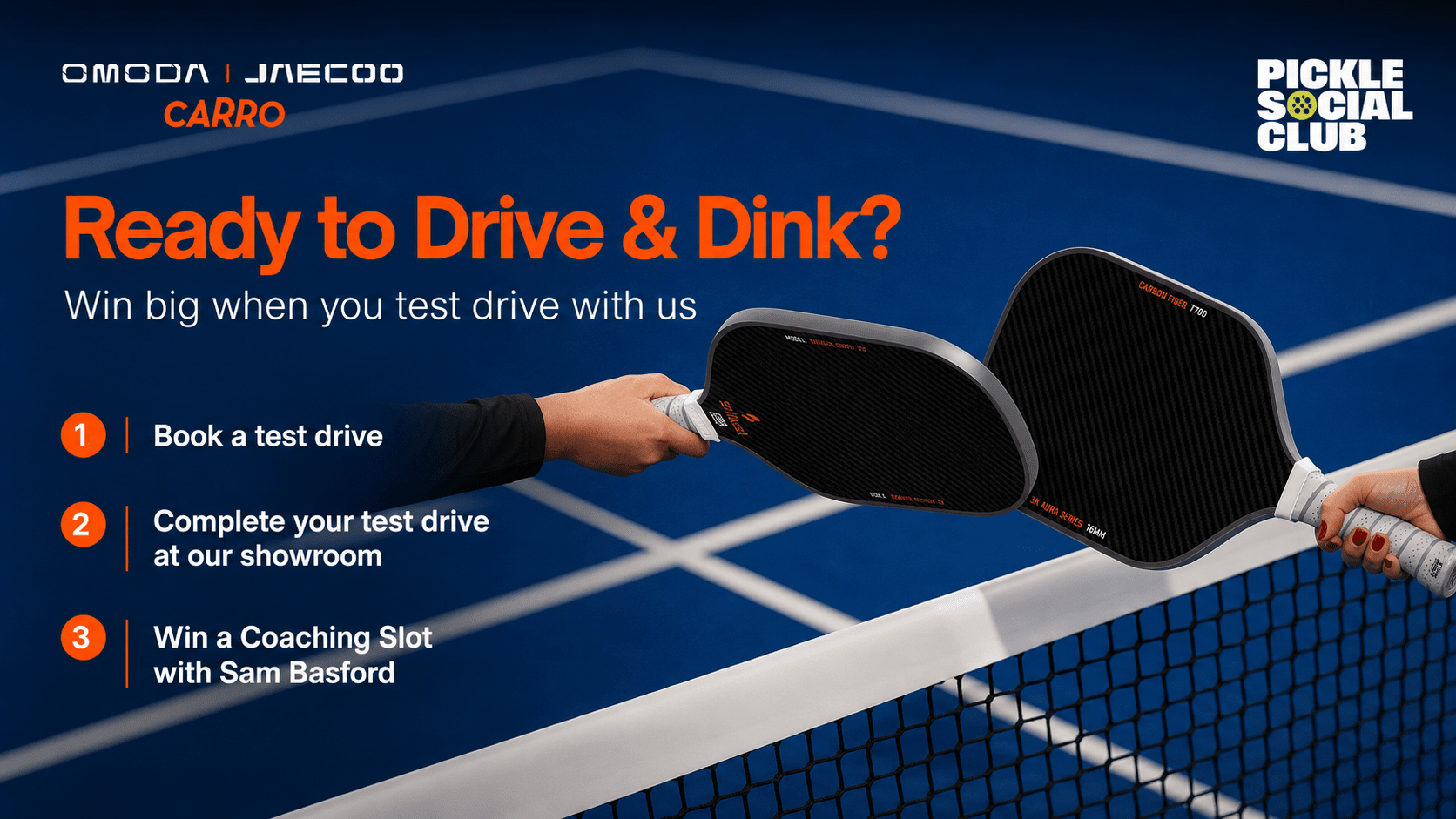 Test drive an Omoda Jaecoo at Carro, win a coaching slot with Sam Basford at Pickle Social Club