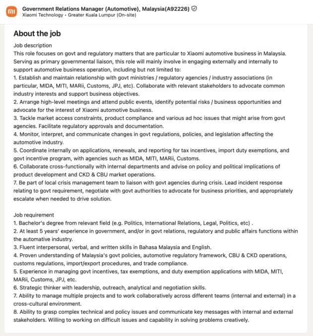 Xiaomi cars coming to Malaysia? Govt relations manager job sighted on Linkedin – CKD possible?