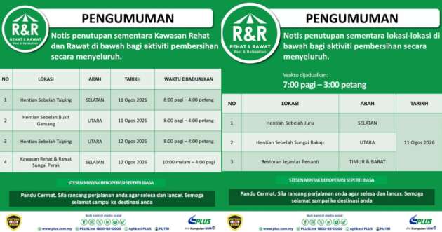 PLUS Malaysia Taiping, Sg Perak, Bkt Gantang, Juru, Sg Bakap, Penanti R&Rs temporarily closed August 11-12