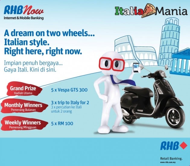 R RHB Now’s Italia Mania contest could see you ride away in a Vespa or win a trip to Italy for two!