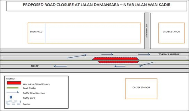 KL MRT: Night closure of right-most lane on two stretches of Jalan Damansara for a week