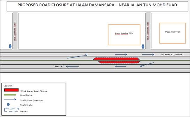 KL MRT: Night closure of right-most lane on two stretches of Jalan Damansara for a week