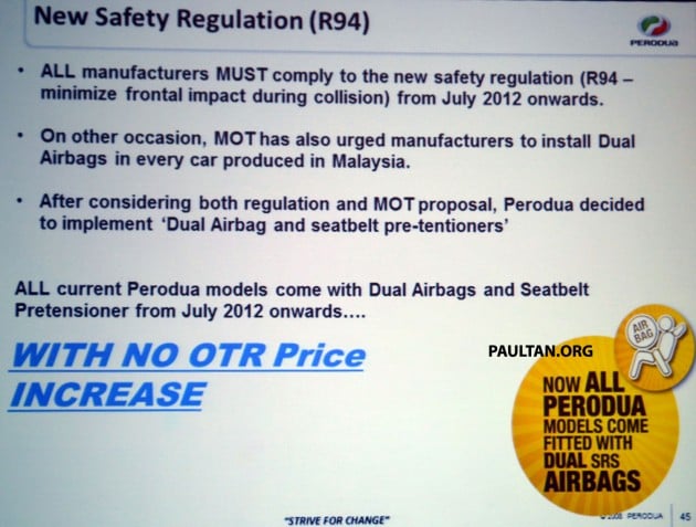 All Perodua cars to come with dual airbags, seat belt pretensioners from July 2012, no price increase